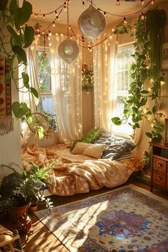 a bedroom with plants hanging from the ceiling and lights on the windowsill above it