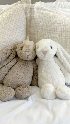 two stuffed animals sitting next to each other on a bed