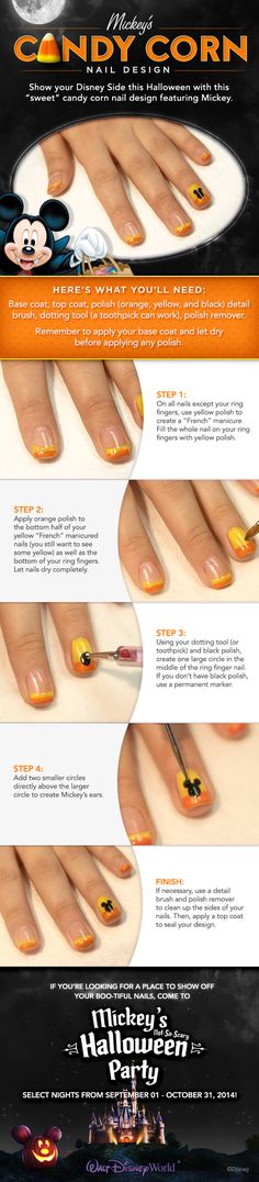 Get ready for Mickey's Not-So-Scary Halloween Party with these Candy Corn DIY Nails! #waltdisneyworld Fall Disney Nails, Fall Disney, Candy Corn Nails, Nails Vacation, Disney Worlds, Mickey Mouse Nails, Mickey Nails, Kutek Disney, Nail Effects