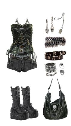 four different types of clothing and accessories including boots, chains, bracelets and necklaces