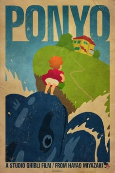 an old movie poster for ponyo featuring a boy on top of a blue elephant