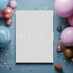 balloons, confetti and streamers are scattered around the frame mockup for photoshopping