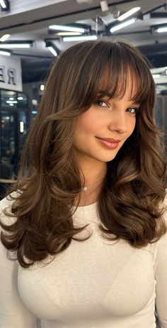 Layers With Bangs Haircut, What Are Round Layers, Face Framing Wispy Bangs Medium Hair, Face Trimming Layers Medium Hair, Wispy Layers Medium, Haircut Layers With Bangs, Medium Hair With Wispy Bangs, Haircut With Layers And Bangs, Round Layers With Wispy Bangs