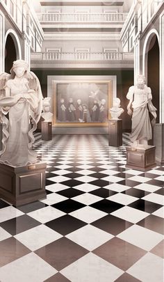 an art gallery with statues and paintings on the walls, in front of a checkered floor