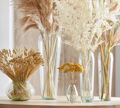 vases filled with dried flowers and grasses on a table