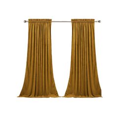 the gold curtain is hanging on a metal rod and has two long pleated drapes