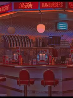 the interior of a fast food restaurant with red chairs and neon signs on the wall