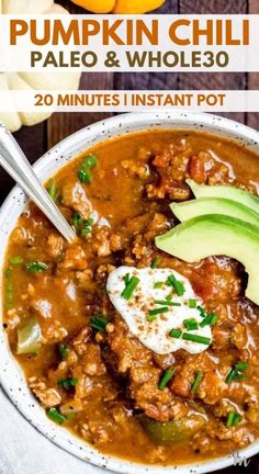 pumpkin chili paleo and whole 30 minutes instant pot with avocado on the side