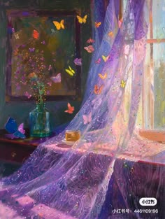 a painting of a bed with purple sheets and butterflies on the window sill, next to a vase filled with flowers