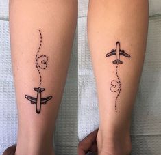 two tattoos on the legs of people who are both wearing matching shoes and one has an airplane