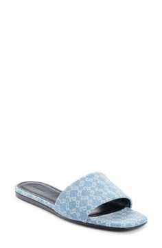 Signature G logos pattern the cotton-denim strap of this minimalist, Italian-crafted sandal lined in soft goatskin leather. Textile upper/leather lining and sole Made in Italy Designer Shoes Logo Pattern, Medium Blue, Slide Sandals, Women's Shoes Sandals, Givenchy, Designer Shoes, Womens Sandals, Shoes Sandals, Nordstrom