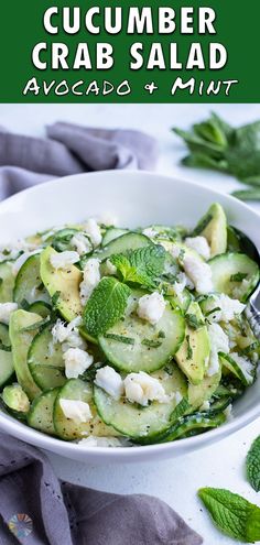 cucumber salad with feta cheese and mint in a white bowl on a table