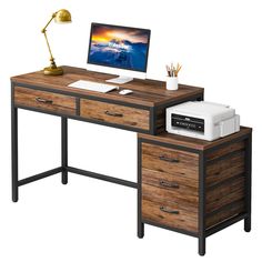 Tribesigns Computer Desk, Study Writing Table with Drawers & File Cabinet Tribesigns Rustic Computer Desk, Small Room Desk, Desk With File Drawer, File Cabinet Desk, Study Writing, Filing Cabinet Storage, Desk Study, Home Office Computer Desk, Home Office Table