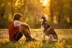 a boy and his dog are sitting in the grass at sunset with trees in the background