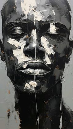 a painting of a man's face with black and white paint