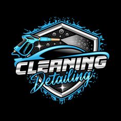 the logo for cleaning detailing company with sprayer and tools on it's side