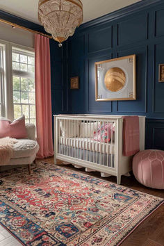 50 Elegant Baby Girl Nursery Designs for a Sophisticated Touch Flower Wall For Nursery, Waynes Coating Ideas Nursery, Pink And Navy Blue Nursery, Modern Girl Nursery Ideas, Baby Girl Nursery Pink And Blue, Bridgerton Themed Nursery, Baby Girl Nursery Not Pink, Moody Girls Nursery, Sophisticated Girl Nursery