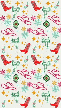 a white background with red and green snowflakes