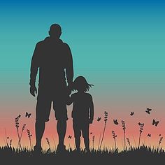 the silhouette of a man and child are standing in front of an orange, blue, and pink sky