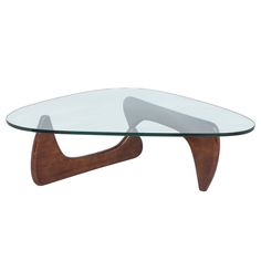 an oval glass table with wooden legs and a curved design on the top, against a white background