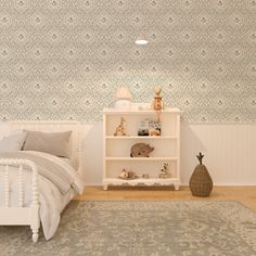 a bed room with a neatly made bed and a book shelf next to the bed