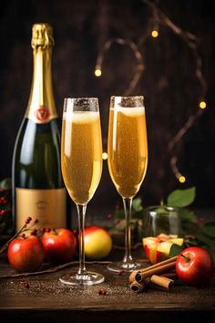 two glasses of champagne next to an apple and cinnamon stick on a table with apples