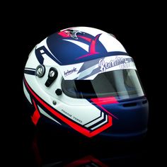 a helmet is shown on top of a black surface with red, white and blue stripes