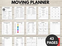 the printable moving planner is shown in black and white