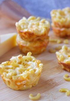 mini macaroni and cheese muffins on a cutting board