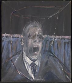 a drawing of a man in a suit and tie with his mouth wide open while standing next to a curtain