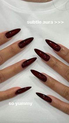 photo creds - unknown - comment or dm for credit ✧ ✧ Unique Burgundy Nails, Cat Shape Nails, Wine Red Fall Nails, Long Almond Burgundy Nails, Nails Acrylic Wine Red, Nails Ideas Fall 2024, Fall Acrilyc Nails Ideas, Dark Fall Nail Art, Burgundy Nails 2024