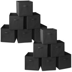 several black storage boxes stacked on top of each other with one box in the middle