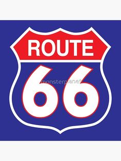 a red and white route 66 sign on a blue background