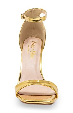 A sky-high flared heel dramatically lofts this ankle-strap sandal shaped by a squared toe. 4 1/2" heel Synthetic upper, lining and sole Imported Gold Sandals With 4-inch Heel Medium Width, Gold Sandals With 4-inch Heel And Medium Width, Gold Ankle Strap Heels With Stacked Heel, Gold Heels With Sculpted Heel And Single Toe Strap, Gold Open Toe Heels With Stacked Heel, Gold Open Toe Heels Medium Width, Gold Heels With Single Toe Strap, Summer Gold Heels With 4-inch Heel, Gold Ankle Strap Sandals Medium Width