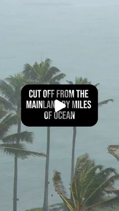 the words cut off from the main any miles of ocean are displayed in front of palm trees