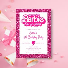 a pink birthday party card with confetti and streamers around it on a pink background