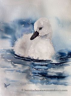 a watercolor painting of a white duck floating on the water with blue skies in the background