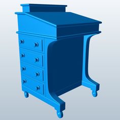 a blue desk with drawers and wheels on the bottom, is shown in this image