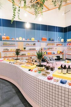 the interior of a store with shelves filled with goods and plants on display in front of them