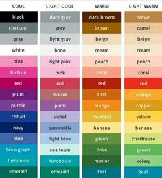 the color chart for different shades of red, orange, blue and green with text that reads