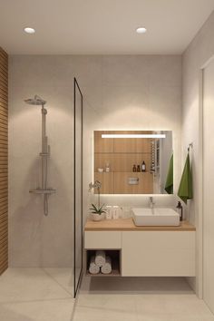 a bathroom with two sinks and a shower