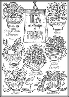 a coloring page with tea cups and flowers