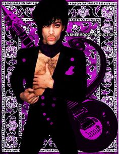 a man with an electric guitar in front of a purple and black wallpaper background