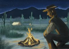 a painting of a man sitting next to a campfire in the desert at night