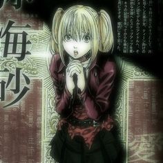 an anime character with blonde hair sitting on a chair in front of a wall and japanese characters behind her