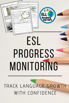 several colored pencils with the words esl progress monitoring on them, and an image of