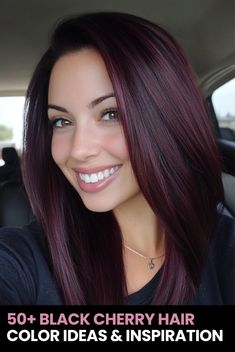 Click for More ➡️ | Save for Later ❤️  Want to make a statement in 2024? Take a look at these 51 stunning black cherry hair color ideas! From subtle highlights to striking ombres, there’s a shade for every style and hair type. Stay on trend with these looks! 💇‍♀️✨  #BlackCherryHair #HairColorIdeas #HairTrends2024 #HairInspo #HairGoals #Balayage #LayeredHair #HairTransformation #CherryHair #OmbreHair Long Dark Burgundy Hair, Dark Merlot Hair Color, Brunette Winter Hair Color, Dark Brown Hair With Dark Red Highlights, Cherry Cola Hair Color Formula, One Tone Hair Color, Red Chocolate Hair, Chocolate Cherry Balayage