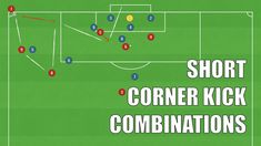 a soccer field with the words short corner kick combinations written in red and blue on it