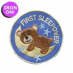 an iron on patch with the words first sleepover and a teddy bear in it