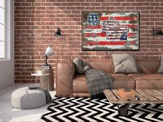 a living room filled with furniture and an american flag painting on the wall above it